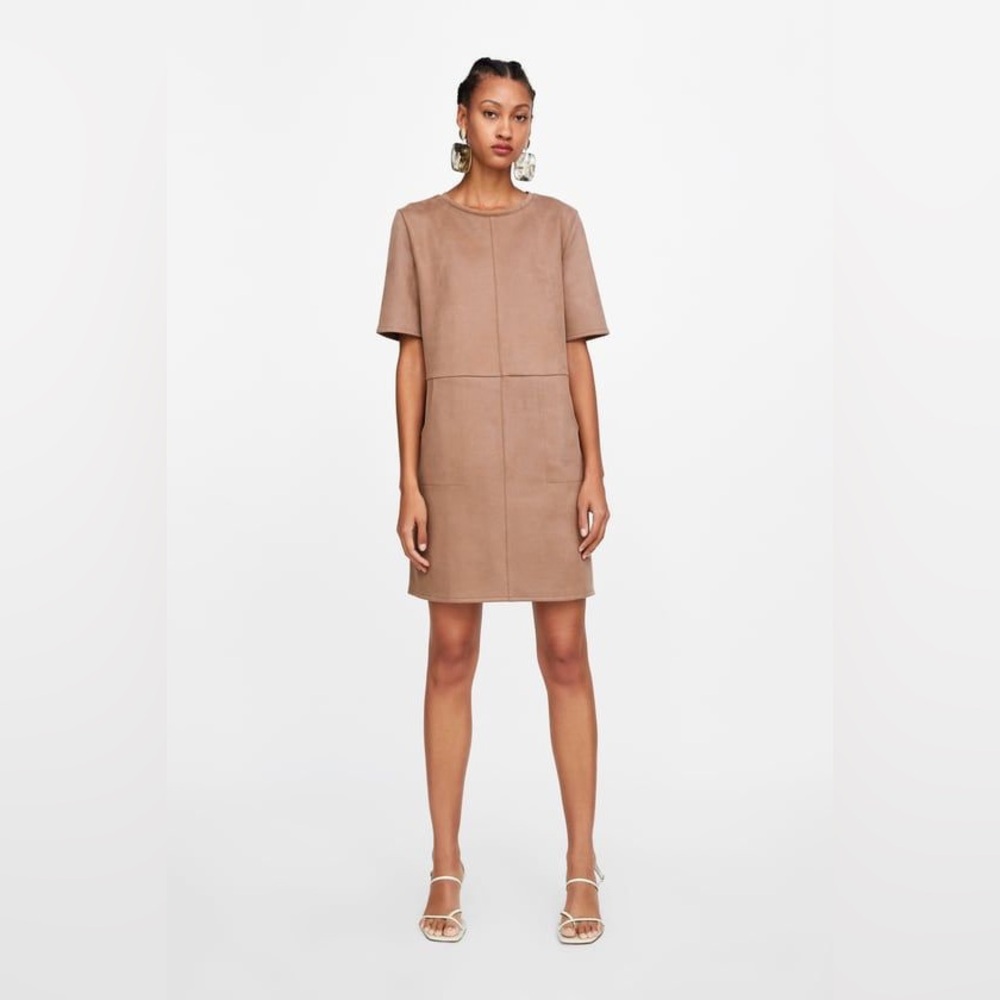 NEW Zara Suede Like Dress Beige/Nude/Sand Pockets Small - Picture 2 of 6
